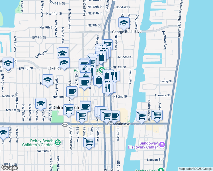 map of restaurants, bars, coffee shops, grocery stores, and more near 323 Northeast 6th Avenue in Delray Beach