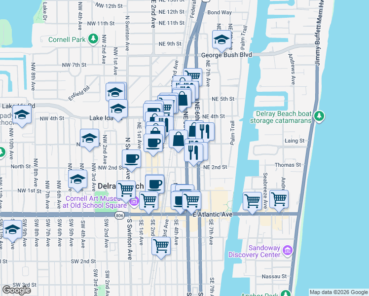map of restaurants, bars, coffee shops, grocery stores, and more near 300 Northeast 5th Avenue in Delray Beach