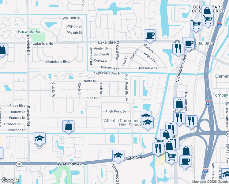 map of restaurants, bars, coffee shops, grocery stores, and more near 765 High Point Drive East in Delray Beach