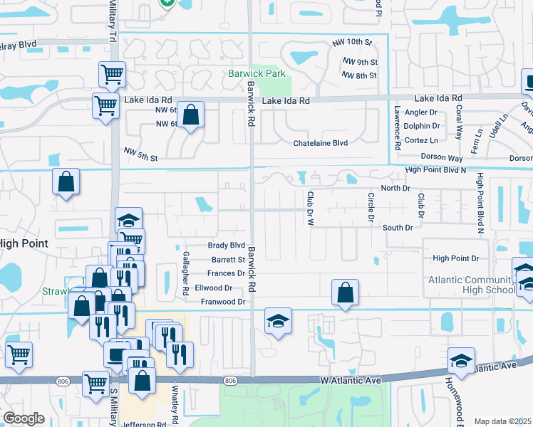 map of restaurants, bars, coffee shops, grocery stores, and more near 1387 High Point Way Northwest in Delray Beach