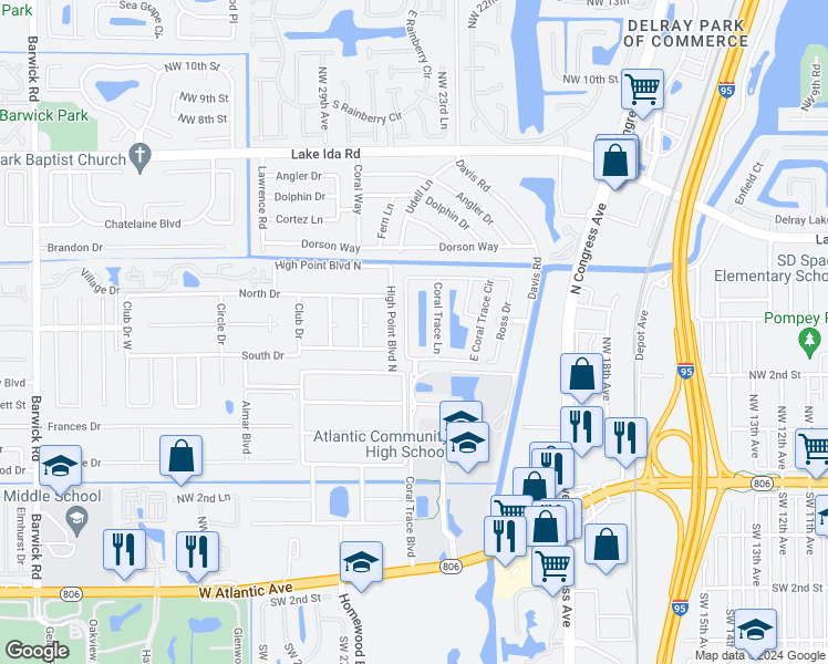 map of restaurants, bars, coffee shops, grocery stores, and more near 265 West Coral Trace Circle in Delray Beach