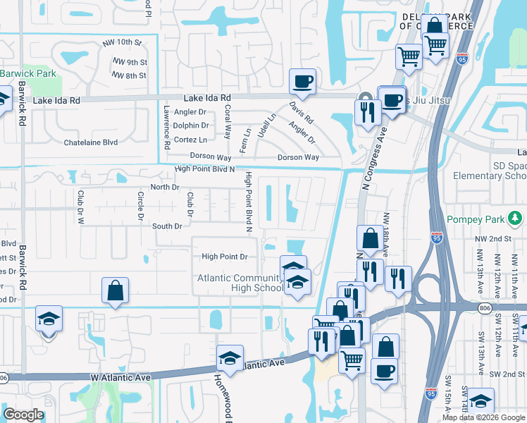 map of restaurants, bars, coffee shops, grocery stores, and more near 265 West Coral Trace Circle in Delray Beach