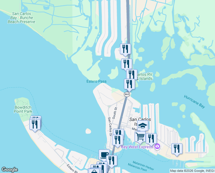 map of restaurants, bars, coffee shops, grocery stores, and more near 915 Prescott Street in Fort Myers Beach