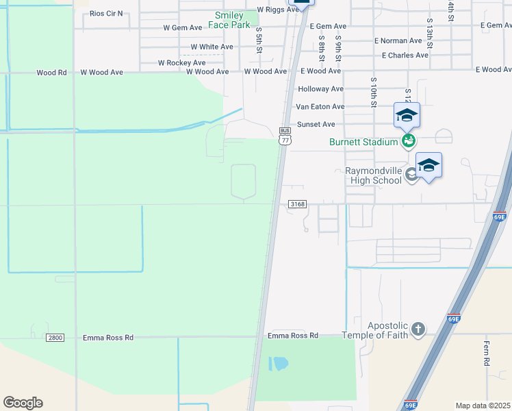 map of restaurants, bars, coffee shops, grocery stores, and more near Goyo Garcia County Road in Raymondville