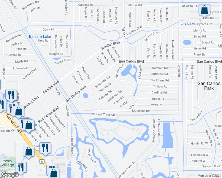 map of restaurants, bars, coffee shops, grocery stores, and more near 8149 Anhinga Road in Fort Myers