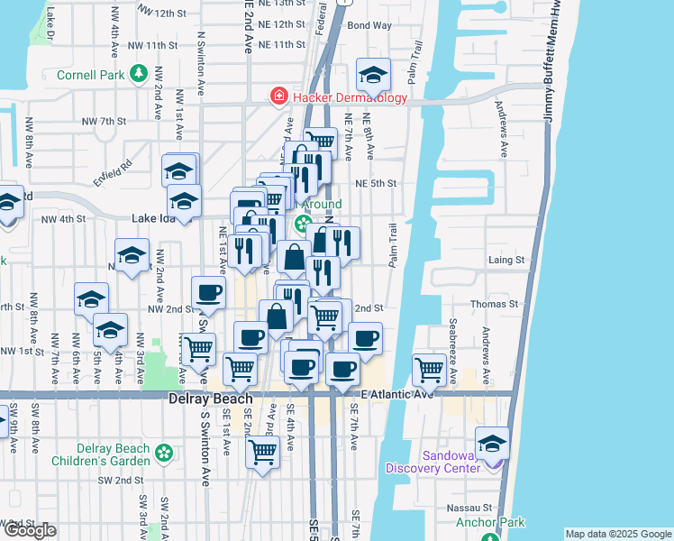 map of restaurants, bars, coffee shops, grocery stores, and more near 323 Northeast 6th Avenue in Delray Beach