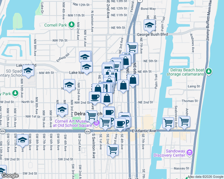 map of restaurants, bars, coffee shops, grocery stores, and more near 260 Northeast 3rd Street in Delray Beach