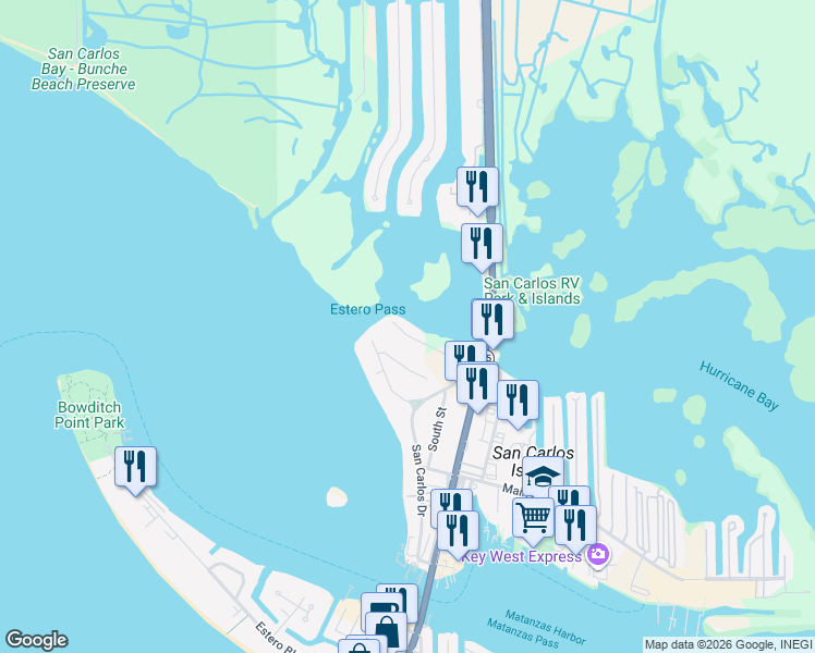 map of restaurants, bars, coffee shops, grocery stores, and more near 915 Prescott Street in Fort Myers Beach