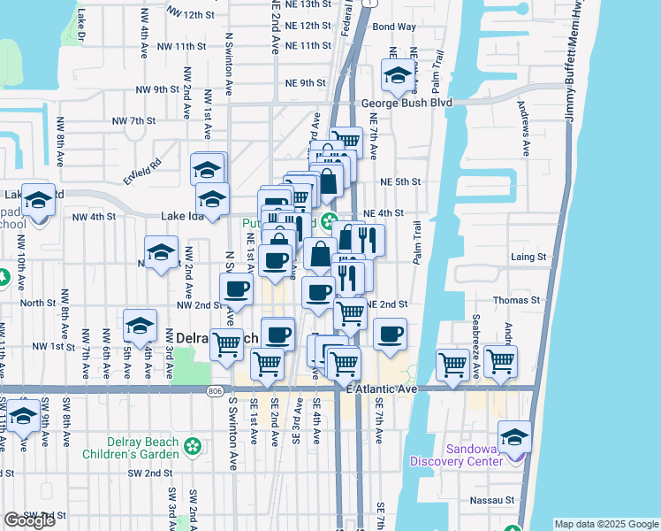 map of restaurants, bars, coffee shops, grocery stores, and more near 290 Northeast 5th Avenue in Delray Beach