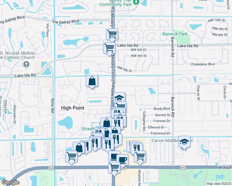 map of restaurants, bars, coffee shops, grocery stores, and more near 14111 South Military Trail in Delray Beach