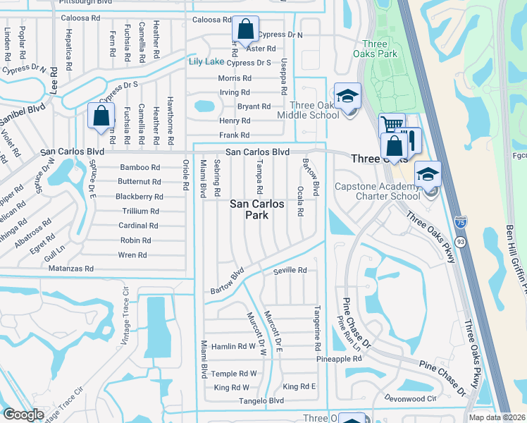 map of restaurants, bars, coffee shops, grocery stores, and more near 18581 Tampa Road in Fort Myers