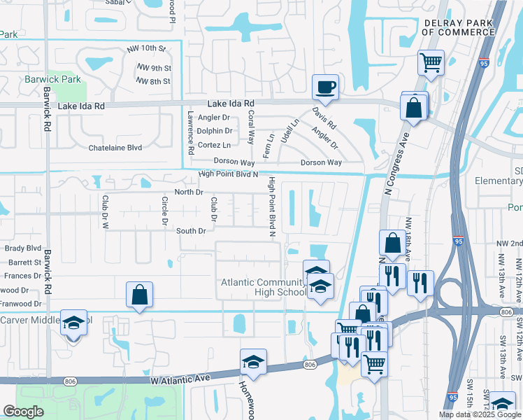 map of restaurants, bars, coffee shops, grocery stores, and more near 765 High Point Drive East in Delray Beach