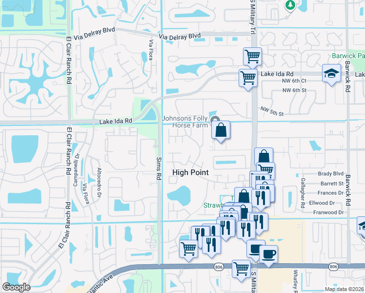 map of restaurants, bars, coffee shops, grocery stores, and more near 14169 Nesting Way in Delray Beach