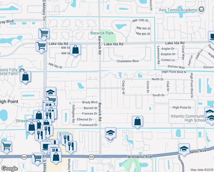 map of restaurants, bars, coffee shops, grocery stores, and more near 1387 High Point Way Northwest in Delray Beach