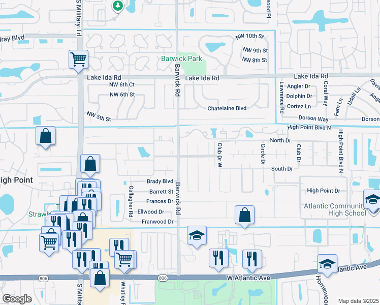 map of restaurants, bars, coffee shops, grocery stores, and more near 1387 High Point Way Northwest in Delray Beach