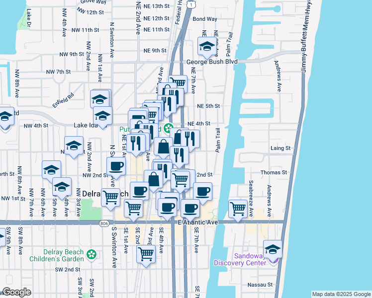 map of restaurants, bars, coffee shops, grocery stores, and more near 323 Northeast 6th Avenue in Delray Beach