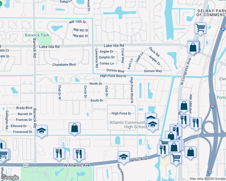 map of restaurants, bars, coffee shops, grocery stores, and more near 822 High Point Drive West in Delray Beach