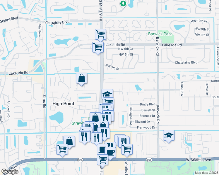 map of restaurants, bars, coffee shops, grocery stores, and more near 5145 Northwest 3rd Street in Delray Beach