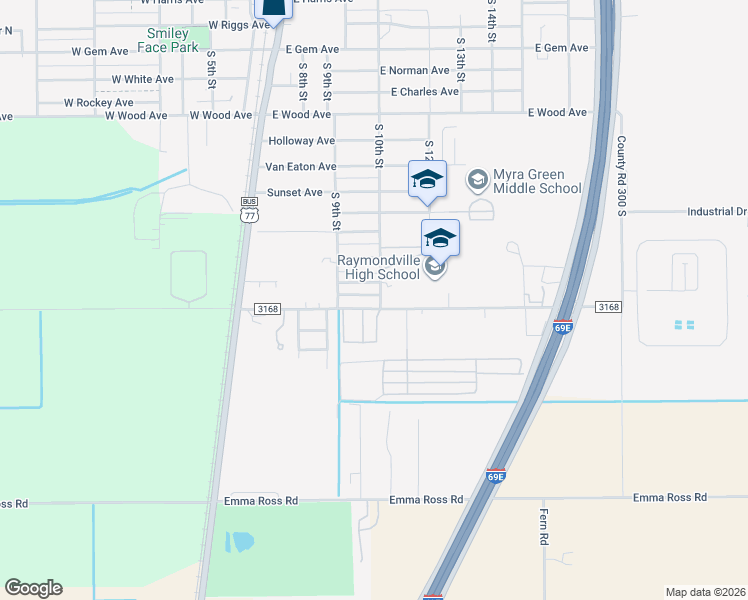map of restaurants, bars, coffee shops, grocery stores, and more near 381 Farm to Market 3168 in Raymondville