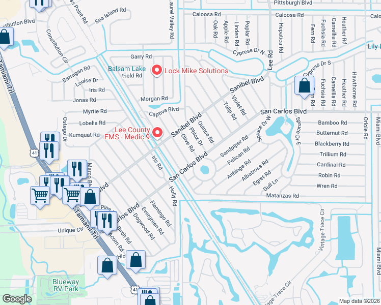 map of restaurants, bars, coffee shops, grocery stores, and more near 18562 Olive Road in Fort Myers