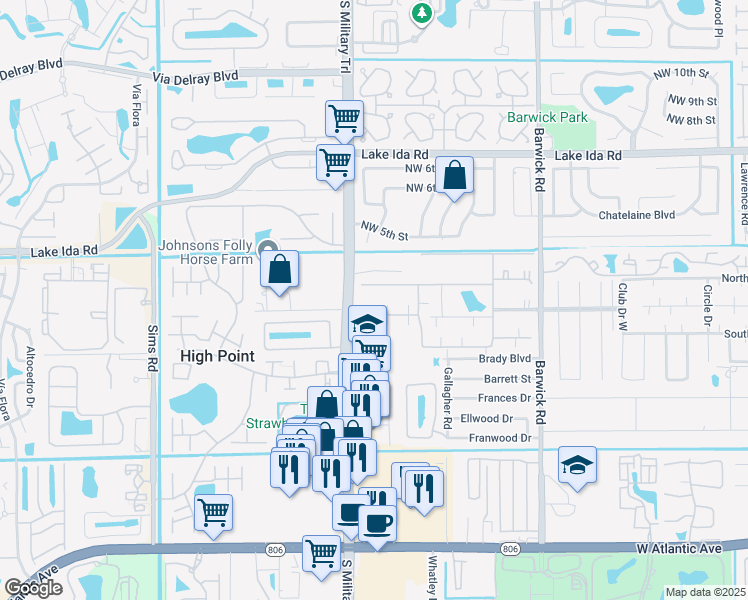 map of restaurants, bars, coffee shops, grocery stores, and more near 5145 Northwest 3rd Street in Delray Beach