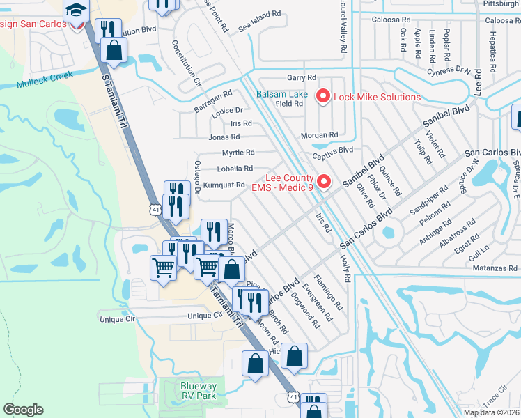 map of restaurants, bars, coffee shops, grocery stores, and more near 18479 Evergreen Road in Fort Myers