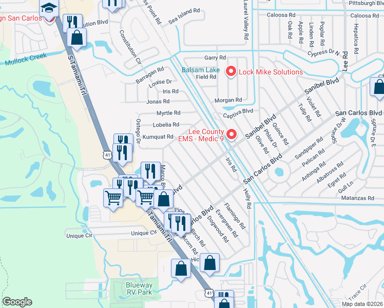 map of restaurants, bars, coffee shops, grocery stores, and more near 18477 Flamingo Road in Fort Myers