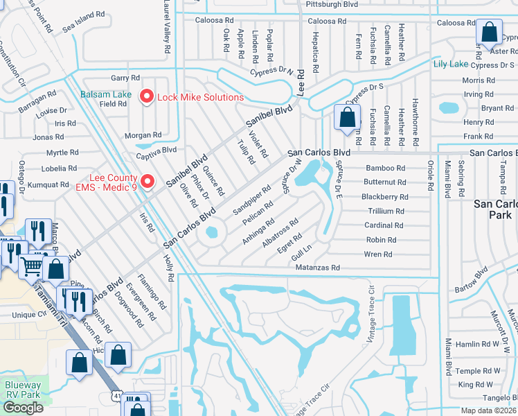 map of restaurants, bars, coffee shops, grocery stores, and more near 8152 Pelican Road in Fort Myers