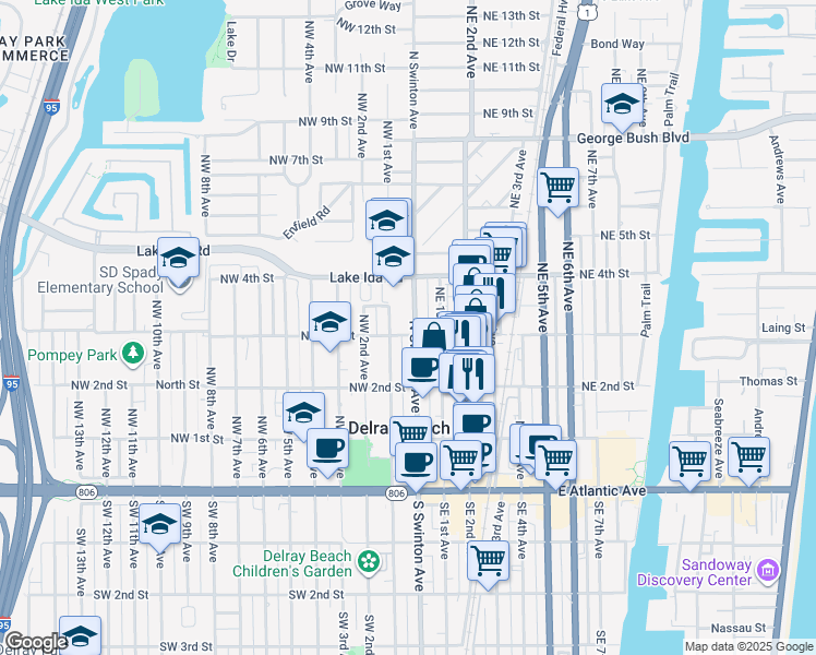 map of restaurants, bars, coffee shops, grocery stores, and more near 305 North Swinton Avenue in Delray Beach