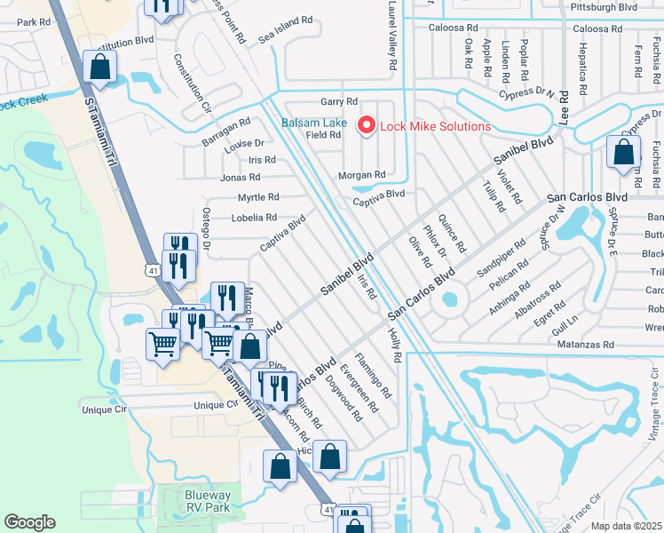 map of restaurants, bars, coffee shops, grocery stores, and more near 18488 Holly Road in Fort Myers