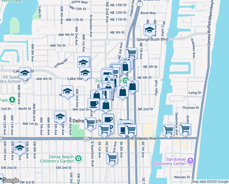 map of restaurants, bars, coffee shops, grocery stores, and more near 319 Northeast 3rd Avenue in Delray Beach