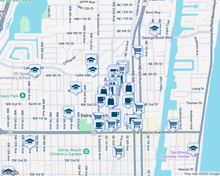 map of restaurants, bars, coffee shops, grocery stores, and more near 111 South Cannery Row Circle in Delray Beach
