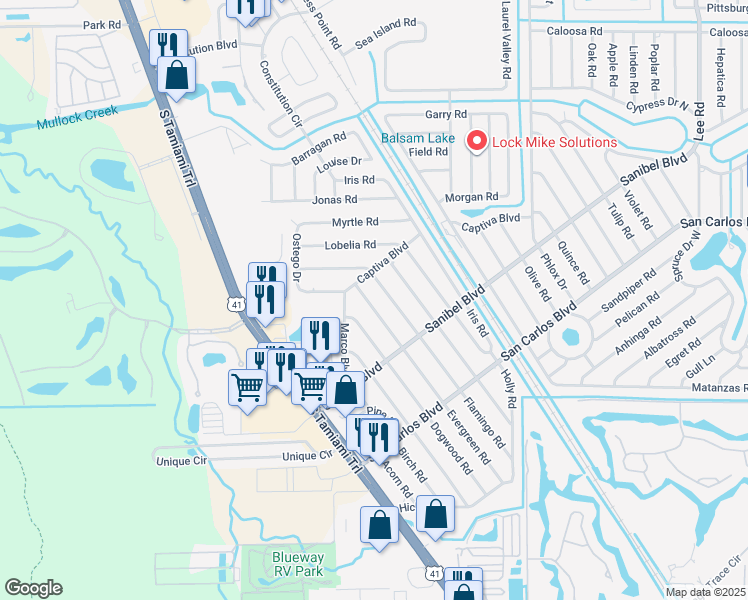 map of restaurants, bars, coffee shops, grocery stores, and more near 18479 Evergreen Road in Fort Myers