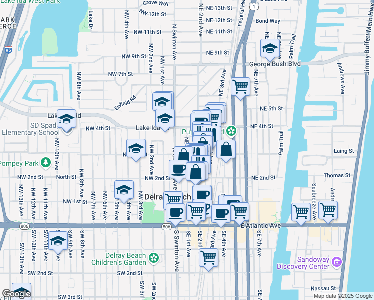 map of restaurants, bars, coffee shops, grocery stores, and more near 111 South Cannery Row Circle in Delray Beach