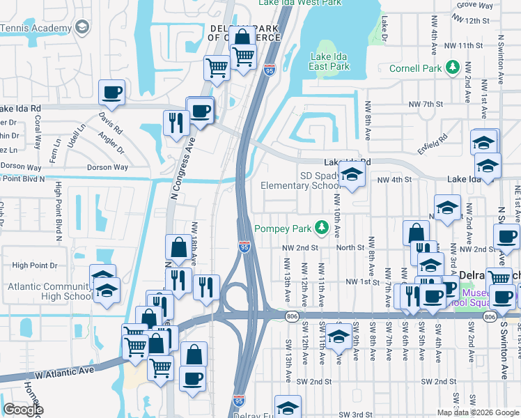map of restaurants, bars, coffee shops, grocery stores, and more near 302 Washington Avenue in Delray Beach