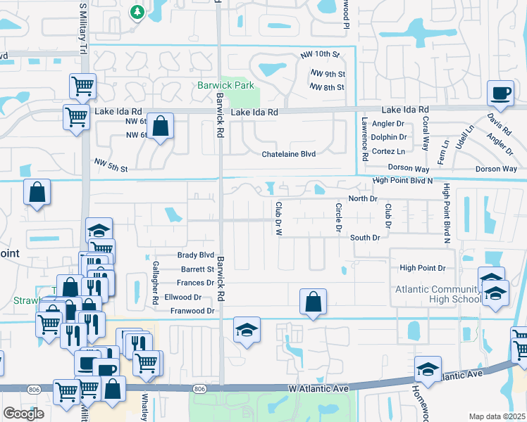 map of restaurants, bars, coffee shops, grocery stores, and more near 1337 High Point Way Northeast in Delray Beach