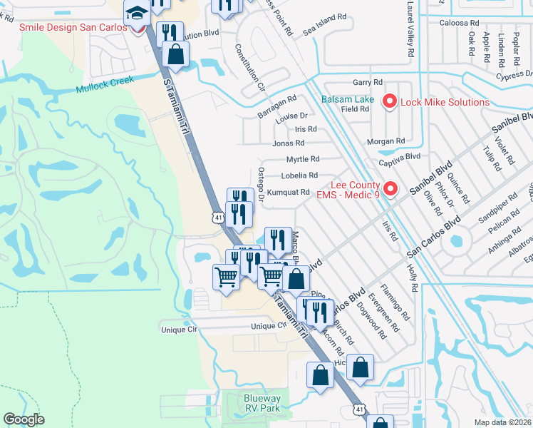 map of restaurants, bars, coffee shops, grocery stores, and more near 7206 Jasmine Road in Fort Myers