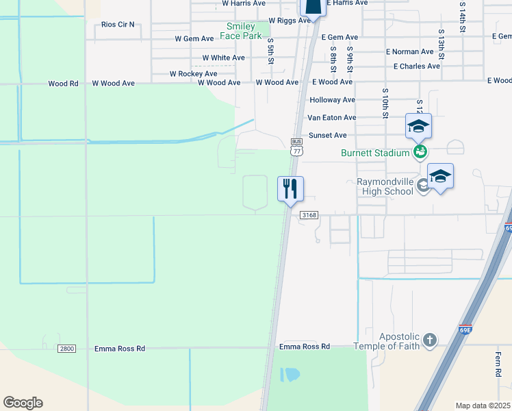 map of restaurants, bars, coffee shops, grocery stores, and more near Goyo Garcia County Road in Raymondville