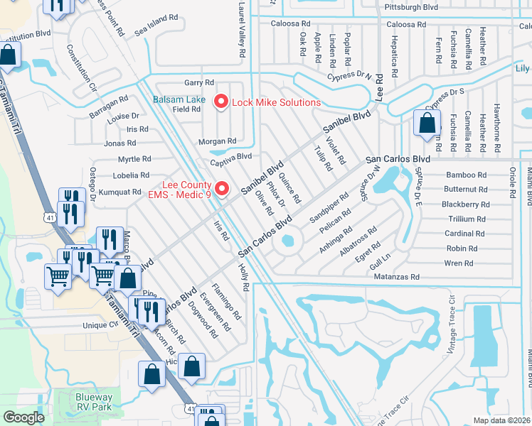 map of restaurants, bars, coffee shops, grocery stores, and more near 18554 Olive Road in Fort Myers