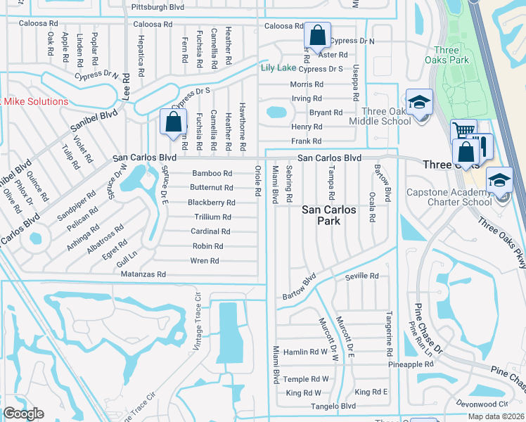 map of restaurants, bars, coffee shops, grocery stores, and more near 18565 Oriole Road in Fort Myers