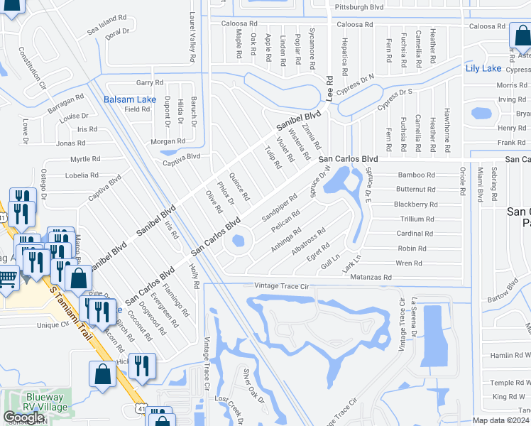 map of restaurants, bars, coffee shops, grocery stores, and more near 8109 Sandpiper Road in Fort Myers