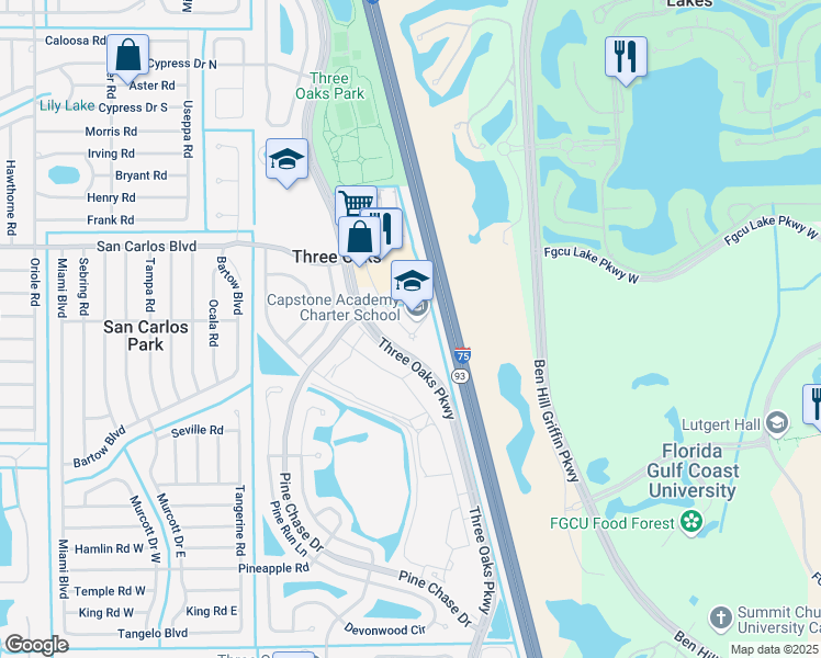 map of restaurants, bars, coffee shops, grocery stores, and more near 18851 3 Oaks Parkway in Fort Myers