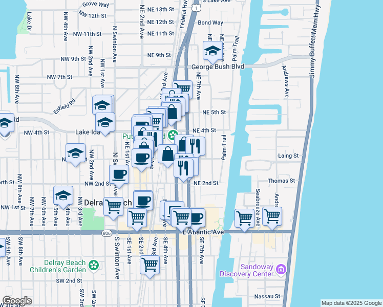 map of restaurants, bars, coffee shops, grocery stores, and more near 323 Northeast 6th Avenue in Delray Beach