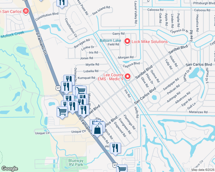 map of restaurants, bars, coffee shops, grocery stores, and more near 18477 Flamingo Road in Fort Myers