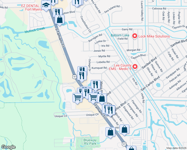 map of restaurants, bars, coffee shops, grocery stores, and more near 7218 Jasmine Road in Fort Myers