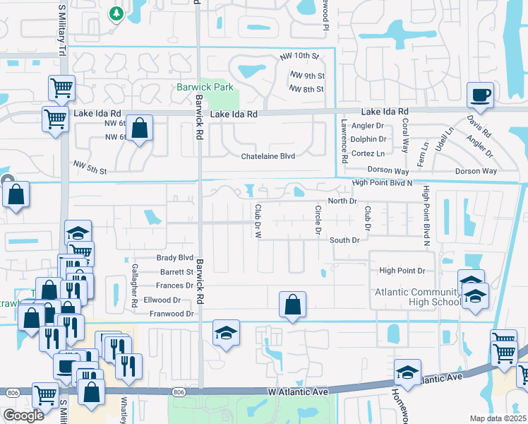 map of restaurants, bars, coffee shops, grocery stores, and more near 1097 Circle Terrace West in Delray Beach