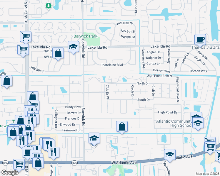 map of restaurants, bars, coffee shops, grocery stores, and more near 1097 Circle Terrace West in Delray Beach