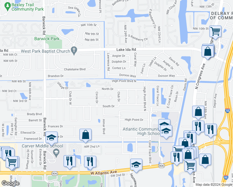 map of restaurants, bars, coffee shops, grocery stores, and more near 1015 South Drive in Delray Beach