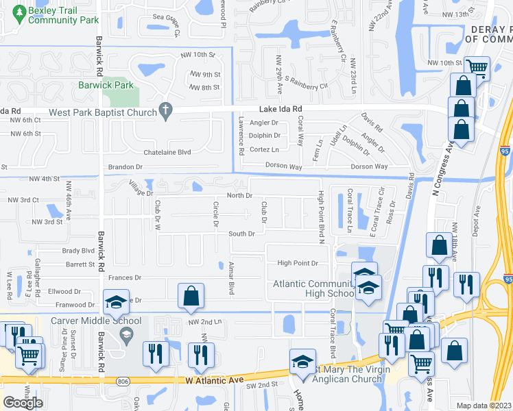 map of restaurants, bars, coffee shops, grocery stores, and more near 1015 South Drive in Delray Beach