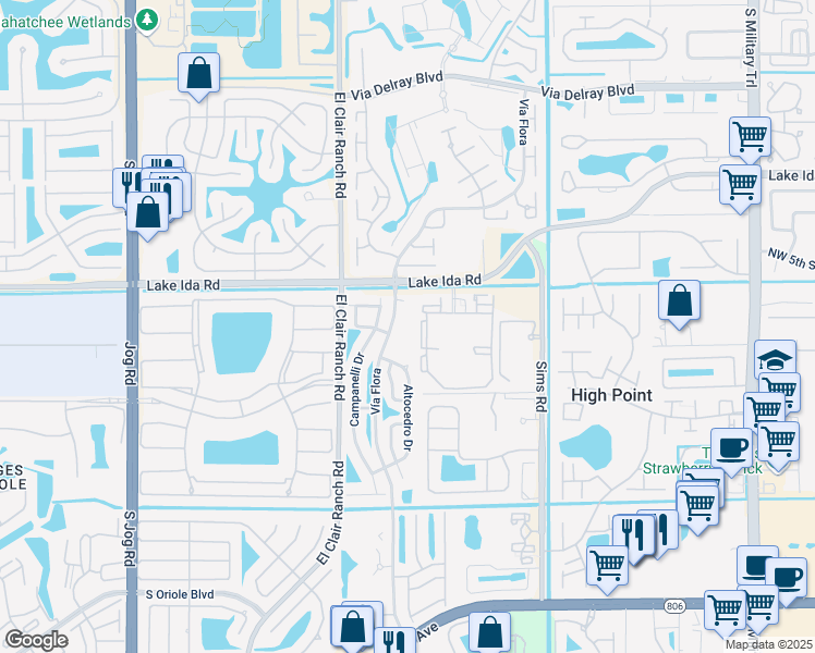 map of restaurants, bars, coffee shops, grocery stores, and more near 14160 Vía Flora in Delray Beach